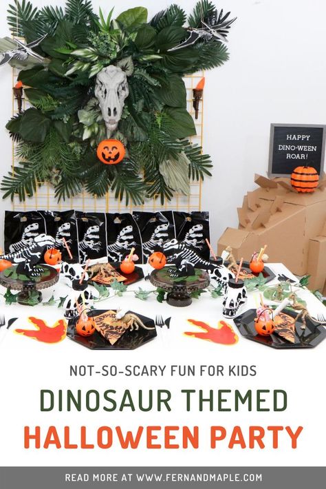 Throw a Halloween Party for kids that is more sweet than scary, with a fun dinosaur theme! No bones about it- boys and girls of all ages will have fun before they trick-or-treat with these DIY decor ideas including backdrop and table settings! Get more info now at fernandmaple.com! Dinosaur Halloween Party, Dinosaur Halloween Decorations, Halloween Dinosaur Decor, Diy Dinosaur Bones, Homemade Dinosaur Bones, Dinosaur Birthday Party Fossil Dig, Dinosaur Diy, Kids Halloween Party Food, Halloween Party For Kids