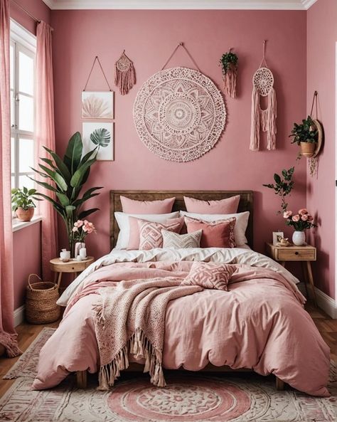 20 Pretty Pink Boho Style Bedroom Ideas You Have To See – ToolzView Pink Scandinavian Bedroom, Bedroom Pink Ideas, Pink Walls Bedroom Ideas, Pink Bedding Room Ideas, Beige And Pink Aesthetic, Pink Adult Bedroom, Soft Pink Bedroom Ideas, Pink Cozy Bedroom, Pink And Brown Bedroom