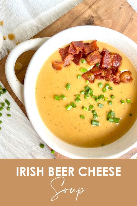 A bowl of Irish Beer Cheese Soup garnished with bacon bits and chives Cheesy Beer Soup, Irish Beer Cheese, Irish Beer Cheese Soup, Beer Cheese Soup Recipes, Beer Soup, Beer Cheese Soup, Beer Cheese Soups, Cheese Soup Recipes, Irish Beer