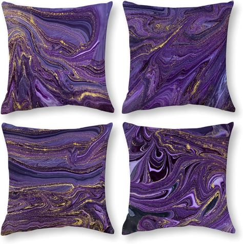 Amazon.com: Bapcoku Purple Gold Marble Pillow Covers Set of 4 Purple Decorative Throw Pillow Cases for Sofa Couch Bed Chair Living Room Decor Abstract Cushion Covers 18"x18" : Home & Kitchen Purple And Gold Apartment Decor, Purple And Gray Living Room, Gold Apartment Decor, Purple Decorative Pillows, Texture Pillow, Purple Pillow Covers, Purple Couch, Marble Pillow, Purple Living Room