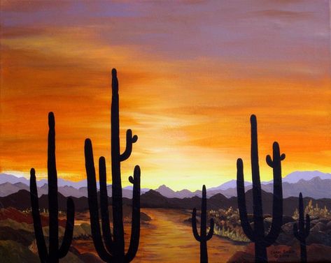 Cactus Crafts, Sunset Painting Acrylic, Cactus Art Print, Desert Scene, Western Landscape, Silhouette Painting, Landscape Watercolor, Desert Art, Desert Painting