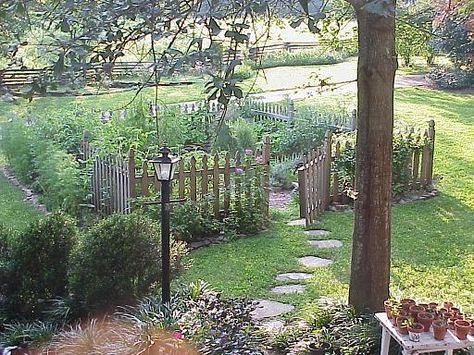 Love the natural picket fence, and the stepping stones leading to the garden. Potager Garden, Backyard Fences, Front Yard Garden, Picket Fence, Garden Fencing, Veggie Garden, Garden Cottage, Garden Fence, Country Gardening