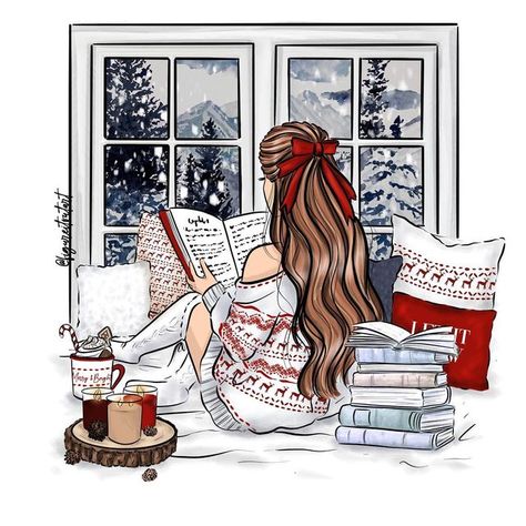 Christmas Book Wallpaper, Winter Books Aesthetic, Christmas Girl Drawing, Christmas Girl Illustration, Drawing For Christmas, Cozy Drawing, Christmas Reading, Winter Books, Christmas Illustrations