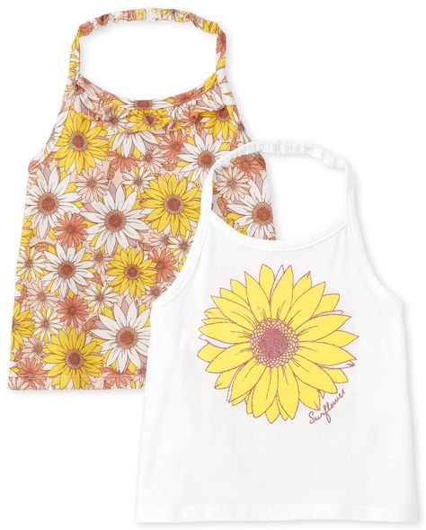 PRICES MAY VARY. 60% Cotton, 40% Polyester Imported Pull On closure Machine Wash HALTER TANK TOP — Mix and match with her favorite shorts, skorts and jeans FABRIC — Made of 60% cotton/40% polyester jersey DESIGN — Sleeveless: Features clasp closure at halter neck: 1 floral print tank top with ruffle neck; 1 tank top with 'Sunflower' and flower graphic design at front MULTIPACK — 2-pack of halter tank tops makes getting dressed fun and easy! THE CHILDREN'S PLACE — We offer a huge selection of kid Flower Print Top, Flower Graphic Design, Halter Tank Top, Jeans Fabric, Halter Tank, Girls Prints, Jersey Design, Childrens Place, Toddler Girls