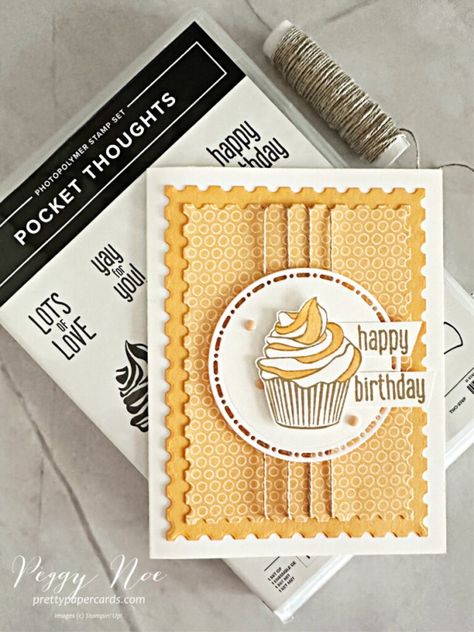 Handmade Birthday Card made with the Pocket Thoughts stamp set by Stampin\' Up! created by Peggy Noe of Pretty Paper Cards #pocketthoughtsstampset #peggynoe #stampinup #prettypapercards #stampingup #cupcakecard Pie Birthday, Sunburst Cards, Cupcake Birthday Cards, Cupcake Cards, Hello Cupcake, Eat Cupcakes, Cupcake Card, Stampin Pretty, Birthday Blessings