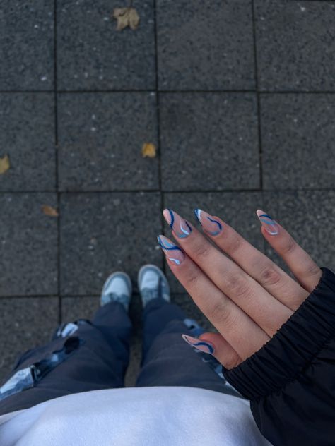 April Nails Ideas Blue, Nails Inspo Blue And White, Navy Blue Almond Nail Designs, Blue White And Black Nails, Coffin Shape Blue Nails, Blue Lock Nails, Almond Nails Blue Design, Black White And Blue Nails, Dark Blue Almond Nail Designs