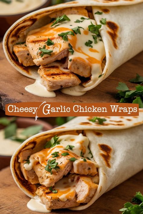 Cheesy garlic chicken wrap with grilled chicken, melted cheese, and fresh herbs in a toasted tortilla. Dinner Chicken Wraps, Cheesy Garlic Chicken Wraps, Chicken Wrap Recipes Easy, Cheesy Garlic Chicken, Chicken Fiesta, Chicken Wrap Recipe, Chicken Wrap Recipes, Wrap Recipe, Comfort Desserts