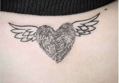 50 Best Fingerprint Tattoo Designs That are Totally Unique - Tattoo Twist Fingerprint Tattoo With Wings, Fingerprint Wings Tattoo, Fingerprint Tattoos For Women, Thumbprint Memorial Tattoo, Thumb Heart Tattoo, Thumbprint Tattoo Memory Dad, Butterfly Fingerprint Tattoo, Fingerprint Memorial Tattoos, Date Tattoo Ideas Memories