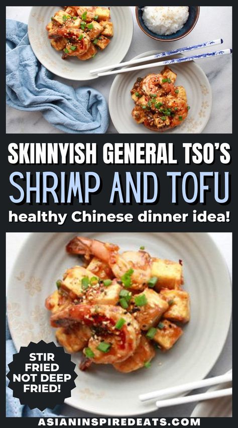 2 plates of shrimp and tofu stir fried with sauce and topped with sesame seeds and chives Shrimp And Tofu Recipes, General Tso Shrimp, Stir Fry Healthy, Stir Fry Dinner Recipes, Stir Fry Dinner, Delicious Breakfast Casserole, Chinese Dinner, Healthy Chinese, Asian Stir Fry