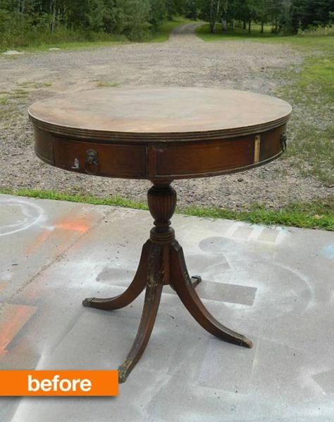 Drum Table Makeover, Round Side Table Makeover, Table Refinishing, Hobby Lobby Furniture, Western Living Room, Side Table Makeover, Plain Curtains, Drum Table, Western Furniture