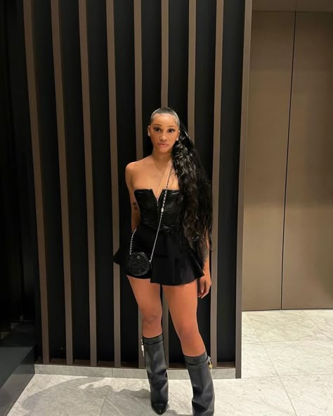 Leather Birthday Outfits Black Women, Bayou Classic Outfits Black Women, Shark Boots Outfit Black Women, Black Dress Black Women, All Black Outfit For Party Night, Black Outfits Black Women, Club Outfits For Women Night Baddie, Fashion Black Women, Bday Outfits