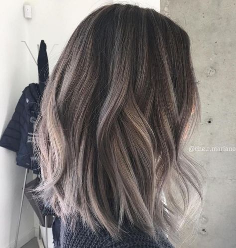 #15: Grey Silver Balayage Grey Balayage, Gray Balayage, Ash Brown Hair Color, Ash Brown Hair, Crop Hair, Shoulder Length Hair Cuts, Trendy Hair Color, Penteado Cabelo Curto, Brown Blonde Hair