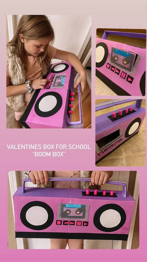 Boombox Valentine Box Ideas, Boom Box Valentines Boxes, Boom Box Diy, Retro Theme Party Outfit, Valentines Box Ideas, Diy Boombox, Valentine Boxes For School, 90s Party Decorations, Valentines Diy Kids