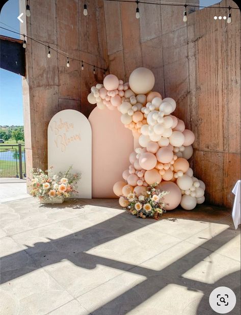 Balloon Garland And Flowers, Baby Shower Backdrop With Flowers, Blush Pink Baby Shower Backdrop, Bridal Shower Decor Backdrop, Bridal Shower Backdrop Balloons And Flowers, Balloon Arch Garden Party, 2 Arch Backdrop With Balloons, Spring Bridal Shower Balloon Arch, Spring Baby Shower Backdrop