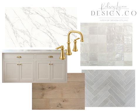 Master Bath Remodel Coastal, Modern Cottage Powder Room, Neutral Spa Bathroom, Coastal Bathroom Mood Board, Powder Bath Tile, Gold Accent Bathroom, Neutral Master Bath, Primary Bathroom Design, New House Bathroom