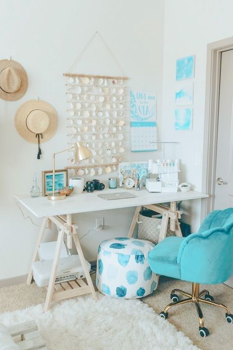 Beachy Desk Decor, Beachy Desk Ideas, Boho Bedroom Office, Beachy Desk, Coastal Dorm, Aesthetic Challenge, Beach Desk, Beachy Boho Bedroom, Surfer Room