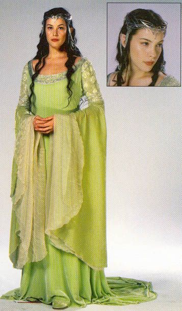 Arwen Wedding Dress with close-up of headpiece Arwen Costume, Elvish Style, Coronation Dress, The Rings, Lord Of The Rings, Green, Hair, Pattern