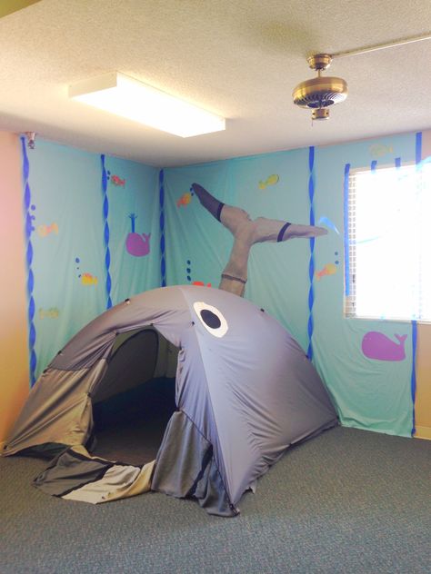 Jonah's whale - but with a little change it could be the tomb and then the empty… Jonah And The Whale Decorations For Vbs, Jonah Whale, Deep Sea Discovery Vbs, Ideas Decoracion Salon, Ocean Vbs, Ocean Commotion, Sunday School Rooms, Ocean Unit, Jonah And The Whale