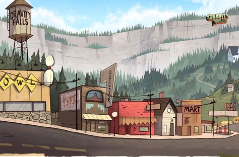 Gravity Falls Postcard, Gravity Falls Landscape, Gravity Falls Map, Gravity Falls Background Art, Gravity Falls Scenes, Gf Background, Gravity Falls Background, Gravity Falls Town, Mimi Wallpaper