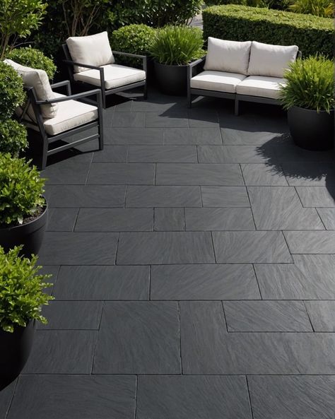 Black Tile Patio, Front Patio Floor Ideas, Charcoal Concrete Patio, Black Patio Floor, Outdoor Flooring Texture, Black Concrete Patio, Outside Flooring Ideas, Outdoor Tiles Over Concrete, Patio Tiles Over Concrete