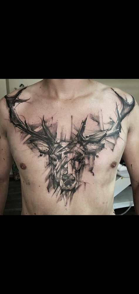 Deer Chest Tattoo, Deer Tattoo Men, Stag Tattoo Design, Bow Hunting Tattoos, Tattoo Deer, Elk Tattoo, Rabe Tattoo, Deer Skull Tattoos, Deer Tattoo Designs