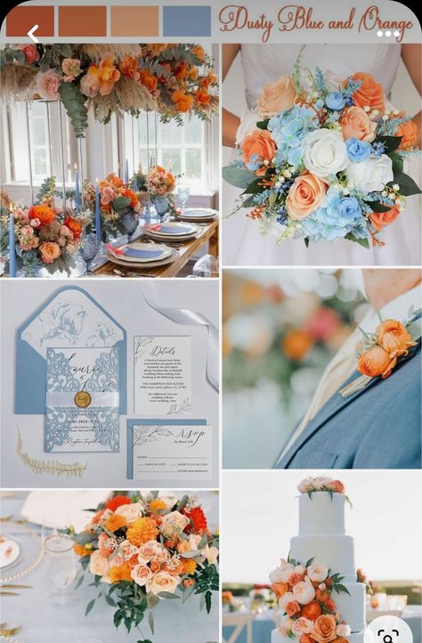 Wedding Color Schemes Orange, Dusty Blue And Orange Wedding, Wedding Theme Orange, Orange And Blue Wedding, Blue Orange Weddings, Orange Ideas, Wedding Color Schemes Blue, Personalized Wedding Invitations, Orange Wedding Themes