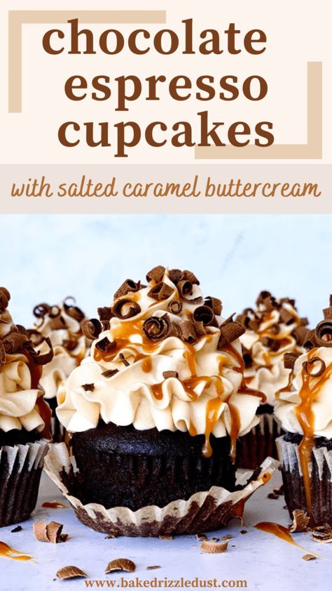 A rich and indulgent chocolate cupcake. Salted caramel buttercream piped into beautiful ruffles. A drizzle of salted caramel followed by a sprinkling of chocolate curls. These truly are the most decadent salted caramel chocolate espresso cupcakes that you can make! // Chocolate Espresso Cupcakes // Salted Caramel Cupcakes // Salted Caramel Frosting // Cupcakes Decoration // Buttercream Frosting Ruffles // Chocolate Espresso Cupcakes With Salted Caramel Buttercream, Salted Caramel Espresso Cupcakes, Chocolate Cream Cupcakes, Caramel Cupcakes Decoration, Chocolate Gourmet Cupcakes, Salted Caramel Pretzel Cupcakes, Salted Caramel Mocha Cake, Interesting Cupcake Recipes, Decadent Chocolate Cupcakes