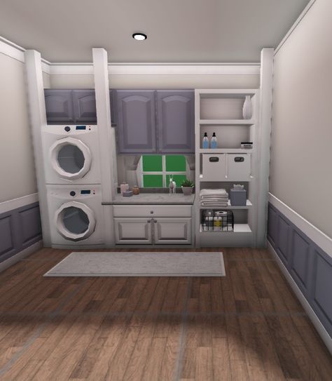 #Bloxburg #Aesthetic Bloxburg Bathroom And Laundry Room, Bloxburg Washer And Dryer Room, Bloxburg Washing Room, Small Laundry Room Ideas Bloxburg, Laundry Room Inspo Bloxburg, Big Laundry Room Ideas Bloxburg, Bloxburg Room Inspiration, Bloxburg Storage Room Ideas, 3x3 Laundry Room Bloxburg