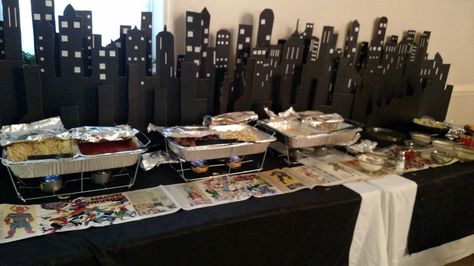 Comic book city skyline pasta buffet for wedding reception Avenger Wedding, Buffet For Wedding, Catwoman Wedding, Avengers Wedding, Pasta Buffet, Comic Wedding, Comic Book Wedding, Batman Wedding, Superhero Wedding