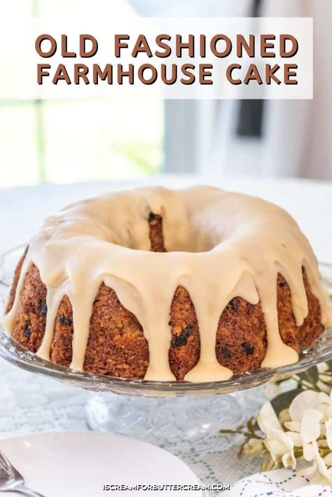 This rustic farmhouse cake is a hearty cake filled with apples, oatmeal, raisins, brown sugar, buttermilk and more. It reminds you of an old fashioned cake you might find on a table in an old country house. This is a super filling cake and a recipe your family will love. Fall Harvest Cake, Raisin Cake Old Fashioned, Old Fashion Cakes, Farmhouse Cake, Old Fashioned Jam Cake Recipe, Old Fashioned Desserts, Harvest Cake Recipe, Apple Bundt Cake Recipes, Country Desserts