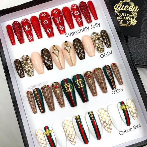 “designer inspired” press on nails in my shop. Louis Vuitton nails Gucci nails Supreme LV nails press on nails Gem Placement, Ongles Bling Bling, Louis Vuitton Nails, Gucci Nails, Nail Kits, Nails Brown, Different Nail Designs, Long Nail Designs, Inspired Nails