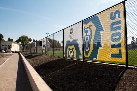 University Gate Design, Football Field Wall, Vanguard University, Stadium Entrance, Sports Environmental Graphics, Padel Courts Design, Wall Graphics Design, Sport Branding, Sport Banner