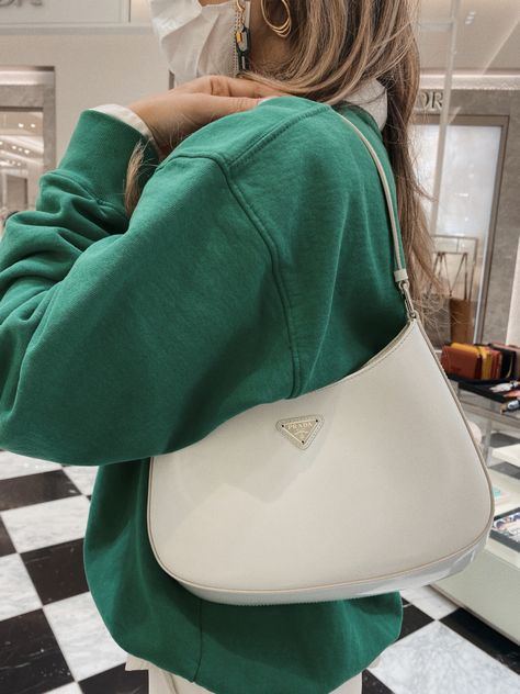 White Prada bag. New collection from Prada Prada Cleo White, White Prada Bag Outfit, Prada Cleo Bag Outfit, Prada White Bag, White Prada Bag, White Bag Outfit, Mini Bag Outfit, Prada Bag Outfit, Prada Cleo