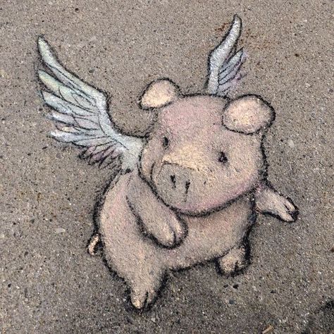 Painted on concrete Flying Pigs Art, Pig With Wings, Street Chalk Art, Art Illusions, David Zinn, Flying Pigs, Pig Drawing, Pig Illustration, Pigs Fly