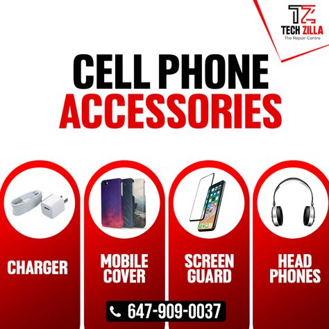 Are you looking for the perfect accessories to match your cellphone? Look no further than TechZilla! Our selection of phone accessories is sure to please even the pickiest of shoppers. Contact us today! . . . #techzillarepaircentre #repaircentre #mobileaccessories #androidaccessories #iphoneaccessories #powerbank #mobilechargers #mobilebatteries #headsets #njmediagroup #njmarketingcanada #mississauga #canada Phone Accessories Shop Design Logo, Mobile Accessories Poster, Phone Accessories Flyer Design, Phone Accessories Shop Design, Mobile Accessories Shop, Mobile Phone Logo, Apple Iphone Repair, Mobile Shop Design, Cell Phone Store