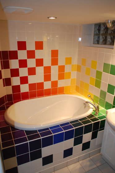 Rainbow Bathroom, Rainbow Tile, Bilik Air, Bathroom Decor Colors, Metro Tiles, Tub Surround, Rainbow Party, Freaking Awesome, Kids Bath