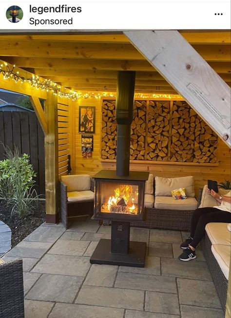 Pergola With Wood Stove, Garden Room With Log Burner, Garden Room With Fireplace, Brick Garden Rooms Outdoor, Shed With Veranda, Summer House With Pergola, Outdoor Log Burner, Shed With Fireplace, Covered Fire Pit Area