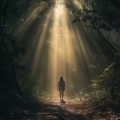 Woman walking on trail in forest with beams of light - Digital Art Forest Walks Aesthetic, Walking Through Forest, Walking In A Forest, Light Digital Art, Woman In The Forest, Walking In Forest, Beams Of Light, Walk In The Forest, Forest Drawing