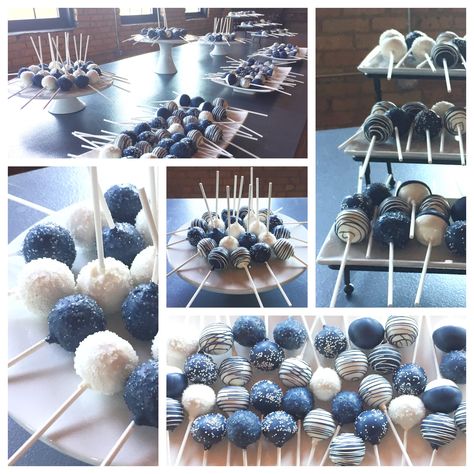 Blue Cake Pop Ideas, Royal Blue Cake Pops, Navy Cake Pops, Blue And White Cake Pops, Blueberry Cake Pops, Winter Wedding Cupcakes, Royal Blue Cake, Blue And White Cake, Elegant Cake Pops