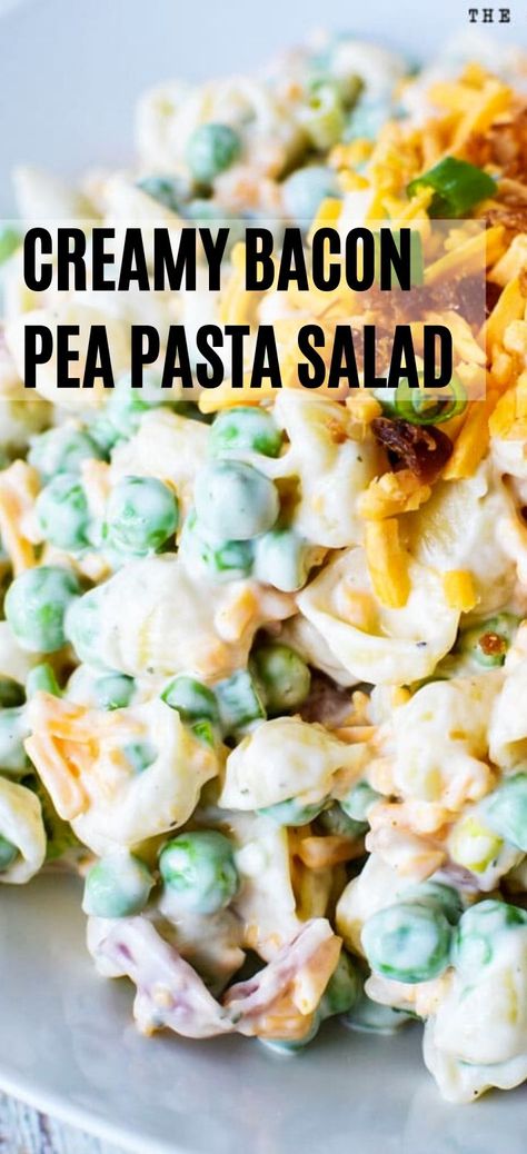 Creamy Bacon Pea Salad, Chicken Pasta Salad With Peas, Creamy Pea Salad With Bacon, Pea Salad Pasta, Pasta Side Salad Recipes, Bacon Peas Pasta Recipes, Pasta Salad With Peas Cold, Creamy Pasta Salad With Peas And Bacon, Cold Pea Pasta Salad