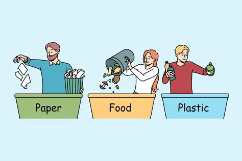 People sorting waste in containers. Eco friendly volunteers or activists care about environment. Ecology management concept. Vector illustration. Waste Management Illustration, Waste Management Drawing, About Environment, Waste Management System, Social Studies Projects, Liquid Waste, Cute Easy Doodles, Infographic Poster, Waste Management