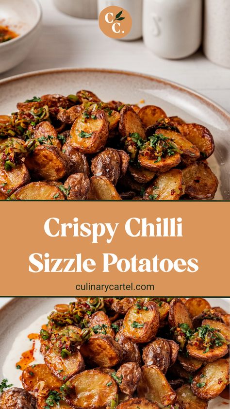 Crispy chilli potatoes and gooey garlic - was there ever a better combination? Enjoy these as a snack or side, topped generously with aioli. #potatorecipes #potatoes #potatosidedishes | culinarycartel.com Chilly Potato, Crispy Spicy Potatoes, Chilli Garlic Potatoes, How To Make Chilli Potato, Crispy Honey Chilli Potato, Chilli Potato, Baby Potato Recipes, Potato Crisps, Crispy Potatoes