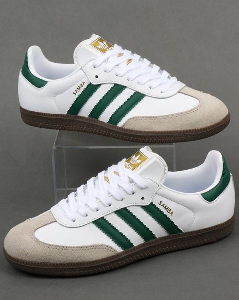 New Samba release in white leather with green ///-trim and a dark gum sole - the colourway reminds me of the original adidas Universal West German 'Police' issue... Adidas Samba Green, Adidas Samba Outfit Mens, German Clothes, Sambas Adidas Women Outfit, Adidas Samba White, Dark Outfit, Adidas Outfit Women, Adidas Samba Outfit, German Police