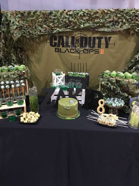 Check out this awesome Military themed Call of duty Birthday Party! The dessert table is so cool!! See more party ideas and share yours at CatchMyParty.com Call Of Duty Birthday Party, Diy Party Treats, Army Themed Birthday, Army Birthday Parties, Camo Party, Camo Birthday, Military Party, Army's Birthday, Birthday Party Images