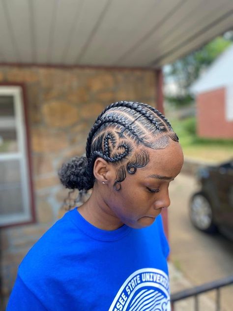 Braid Back Bun Black Women, All Back Conrow With Heart, 5 Stitch Braids In A Bun, Straight Back Cornrows With Bun, Straight Backs Feed Ins Into Two Buns, Cornrow Hairstyles With Designs, Feed In Braids With Bun In Back, Stitch Braids Into Bun With Heart, 8 Feed In Braids With Designs