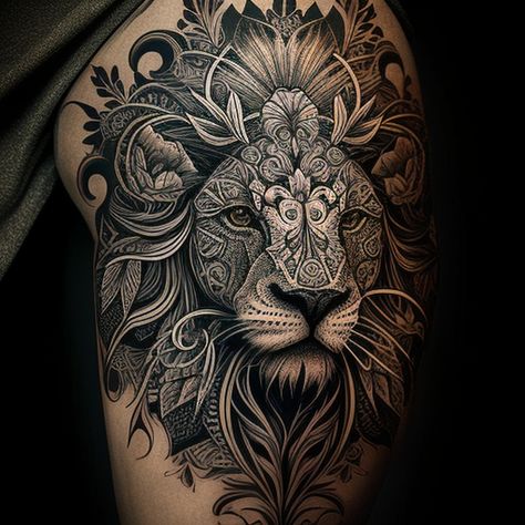 101 Lion Tattoo Ideas - TattooClue.com Mens Lion Sleeve Tattoo, Indian Lion Tattoo Design, Thigh Lion Tattoo Women, Leo Sleeve Tattoos For Women, Floral Lion Tattoo For Women, Greek Lion Tattoo, Lion Sun Tattoo, Leg Lion Tattoo, Lion And Sun Tattoo