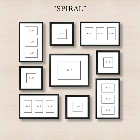 Spiral Gallery Wall Layout Tip: start with placing the center frame, and then spiral out the other frames in the arrangement you see. Make sure there is an even amount of space between all of the other frames and the center frame. The outer frames will lend to a natural square shape. Wonder Wall, Photowall Ideas, Wall Layout, Koti Diy, Picture Arrangements, Photo Walls, Frame Layout, Photo Arrangement, Gallery Wall Layout