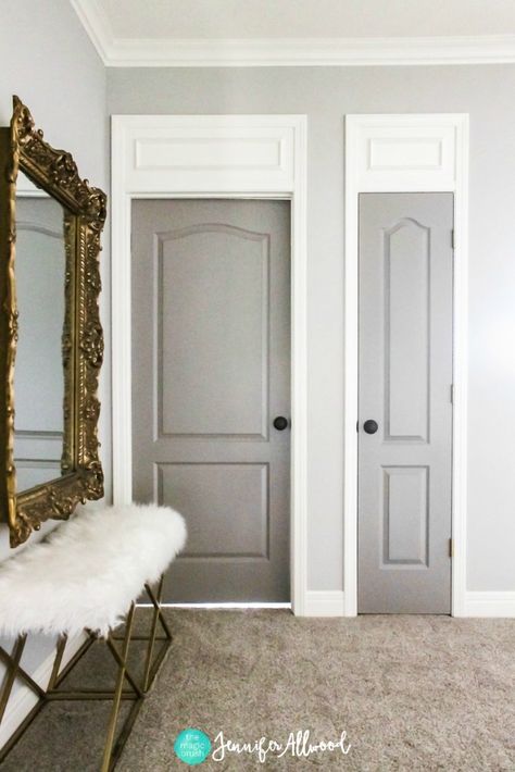 Gray Interior Door in Pewter Case | Jennifer Allwood Farmhouse Revival, Gray Interior Doors, Gray Doors, Interior Door Colors, Grey Interior Doors, Jennifer Allwood, Bath Lights, Painted Interior Doors, Grey Doors