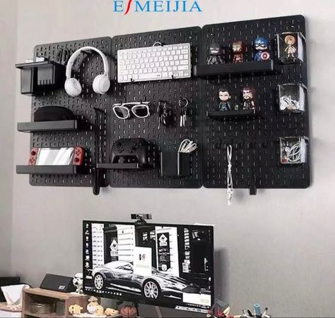 Study Organizer, Wall Shelf Rack, Home Closet, Pegboard Organization, Pegboard Accessories, Bedroom Deco, Gaming Room Setup, Desk Shelves, Game Room Design