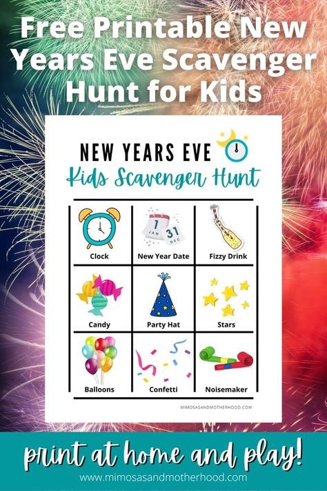 Send kids around the house searching for clues in this fun New Year’s Eve scavenger hunt that requires zero prep! Just print out this colorful free printable, grab a few crayons or makers and you’re ready for some fun that even the littlest partier can take part in. It’s the perfect New Years Eve activity to lead to a bigger activity or fun surprises! * Mimosas & Motherhood New Year Scavenger Hunt For Kids, New Years Scavenger Hunt For Kids, New Year’s Eve Scavenger Hunt For Kids, New Year’s Eve Scavenger Hunt, New Years Eve Scavenger Hunt For Kids, New Year Eve Activities For Kids, New Years Eve Scavenger Hunt, Nye Birthday, New Year's Eve Crafts